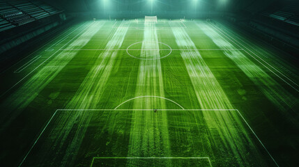 A mesmerizing shot of a misty, illuminated football field at night, highlighting the eerie, glowing green stripes across the pitch.