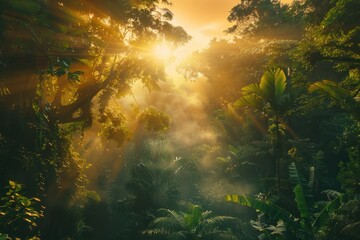 Obraz premium Lush green jungle with sunlight shining through foliage suitable for naturethemed designs, environmental websites, travel brochures, tropical settings.