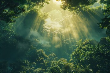 Obraz premium Lush green jungle with sunlight shining through foliage suitable for naturethemed designs, environmental websites, travel brochures, tropical settings.