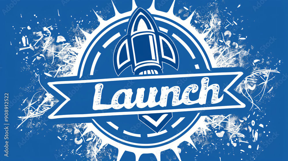 Poster grunge-style graphic with a rocket blasting off from a badge and banner