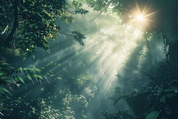 Fototapeta premium Lush green jungle with sunlight shining through foliage suitable for naturethemed designs, environmental websites, travel brochures, tropical settings.