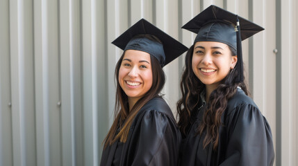 Two female graduates in caps and gowns smile proudly against a corrugated metal background, celebrating their success.