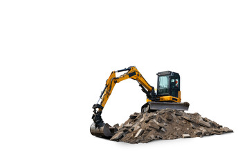 Detailed high quality yellow excavator standing on the ruins isolated on transparent white...