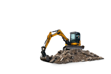 Detailed high quality yellow excavator standing on the ruins isolated on transparent white background.