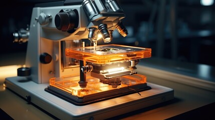 Lab microscope with a high-tech, illuminated slide