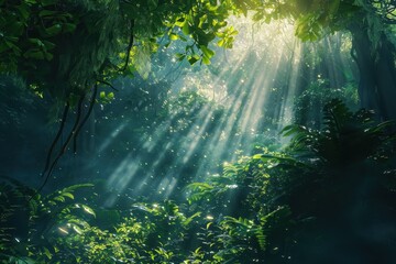 Obraz premium Lush green jungle with sunlight shining through foliage suitable for naturethemed designs, environmental websites, travel brochures, tropical settings.