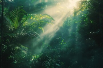 Obraz premium Lush green jungle with sunlight shining through foliage suitable for naturethemed designs, environmental websites, travel brochures, tropical settings.
