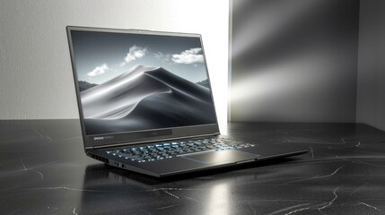 Laptop on dark polished surface with soft spotlight