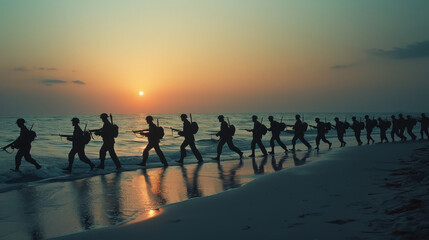 Silhouetted soldiers walk along a tranquil beach at sunrise, their reflections mirrored perfectly on the wet sand, symbolizing unity and purpose.