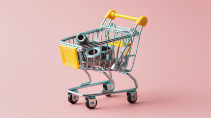 A miniature shopping cart holds an assortment of gears against a pastel pink background, symbolizing the blend of commerce and mechanics.