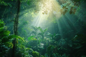 Lush green jungle with sunlight shining through foliage suitable for naturethemed designs, environmental websites, travel brochures, tropical settings.
