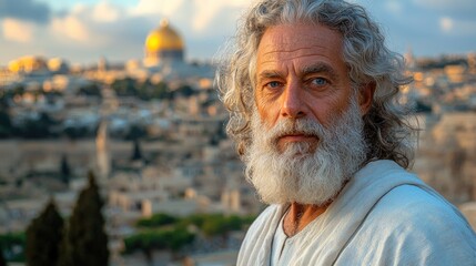 An old man with a blurred background of an ancient city 