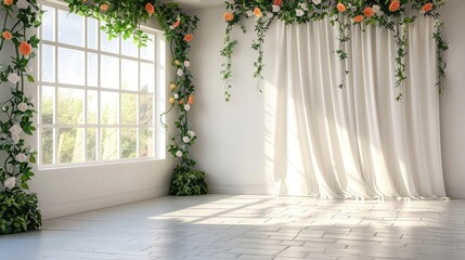 A white room with a large window and a curtain hanging over it