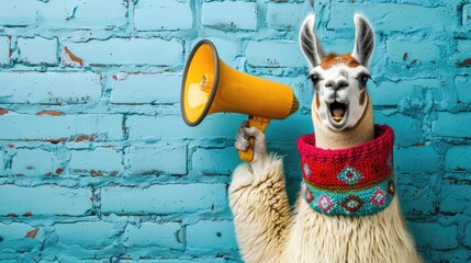 A llama is holding a megaphone and making a loud noise
