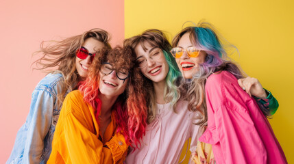 A group of friends with colorful hair and sunglasses are laughing and embracing each other joyfully against a vibrant, two-toned pastel background.