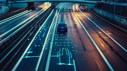 A high-speed car on an illuminated highway at night, with dynamic light trails suggesting motion and futuristic technology.