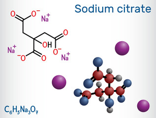 Sodium citrate, trisodium citrate molecule. Food additive, anticoagulant. Structural chemical formula, molecule model