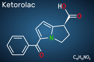Fototapeta premium Ketorolac molecule. It is nonsteroidal anti-inflammatory drug NSAID. Structural chemical formula, on the dark blue background