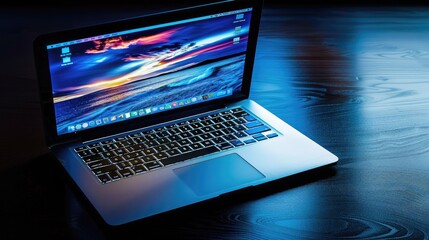 Laptop on dark polished surface with soft spotlight