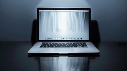 Laptop on dark polished surface with soft spotlight