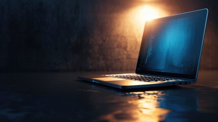 Laptop on dark polished surface with soft spotlight