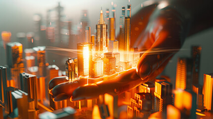 A hand carefully holds a miniature glowing cityscape, symbolizing the vast possibilities and transformative power of innovation.