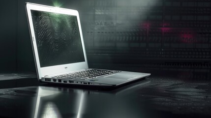 Laptop on dark polished surface with soft spotlight