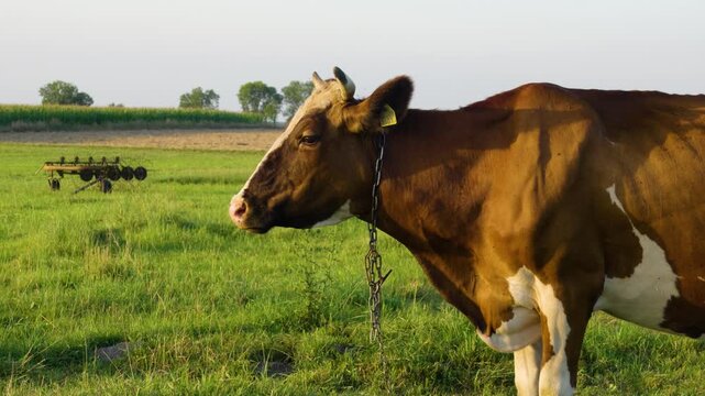 Dairy cow in the pasture on a sunny day	