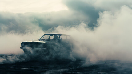 Fototapeta premium A vintage car emerges from dense smoke, creating a dramatic and mysterious ambiance against a backdrop of swirling clouds.
