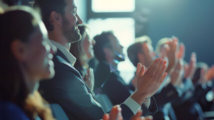 A group of people sitting in a dimly-lit auditorium, enthusiastically clapping and smiling, creating an atmosphere of celebration and achievement.