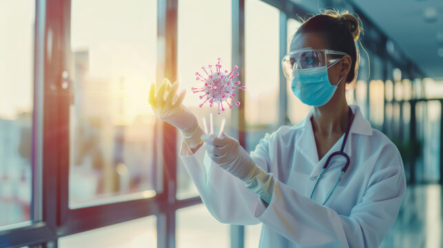 A scientist in protective gear examines a holographic virus model with sunlight streaming through large windows in the background.