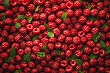 Fresh Sweet Red Raspberries in a Bountiful Display Surrounded by Vibrant Green Leaves on a Sunny Day