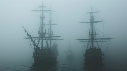 Fototapeta premium Three Silhouettes of Ships in a Misty Sea