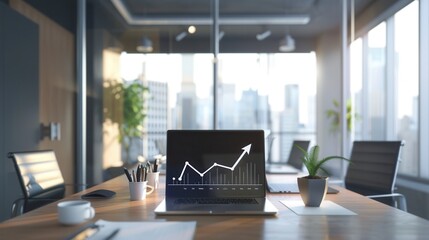 A sleek office showcases a laptop with a growth chart, surrounded by plants and natural light streaming through large windows. Generative AI