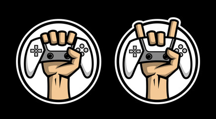 The hand holds the controller. Hardcore gamer logo two options.