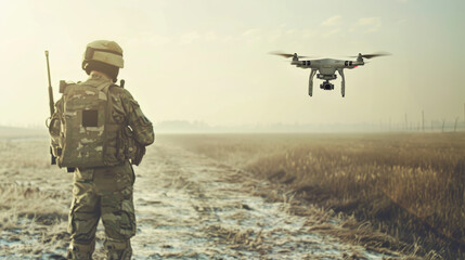 A soldier in camouflage stands at attention in an open field while a drone hovers in front of him, capturing the serene but watchful atmosphere.
