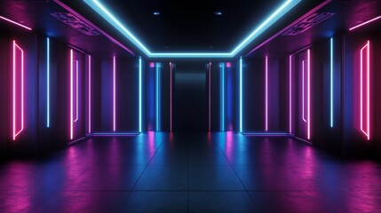 3D visualization of a stylish room with black walls illuminated by neon blue and purple lights.