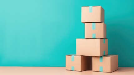 Fototapeta premium A neatly stacked pile of cardboard boxes on a plain background, symbolizing moving or storage organization.