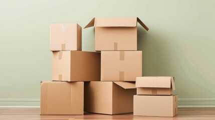 Fototapeta premium A neatly stacked pile of cardboard boxes on a plain background, symbolizing moving or storage organization.