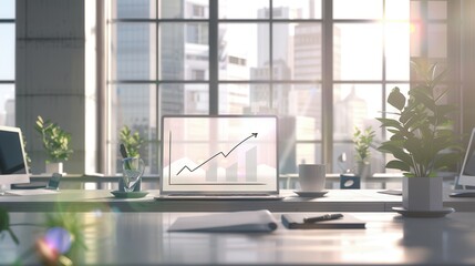 Natural light floods this modern office, highlighting a laptop displaying a growth chart and lush green plants on the desk. Generative AI