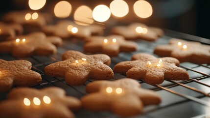 Cinematic high angle shot of gingerbread cookies cooling on a rack, lit by natural light