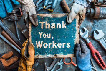 Workers in gloves hold a thank you sign amidst tools, symbolizing appreciation and teamwork in construction. Celebrating labor day and honoring essential skilled tradespeople