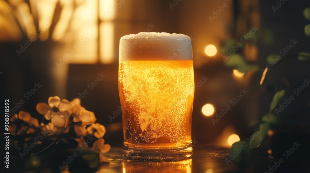 Poster a frothy-headed beer with a golden color, illuminated by warm, soft light, creating a serene and coz
