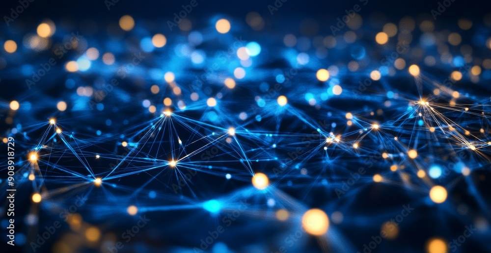 Poster abstract digital background with glowing connections and nodes forming an intricate network