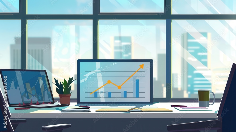 Poster A spacious office bathed in natural light features large windows and a clear view of the city skyline, highlighting a workspace with growth charts displayed. Generative AI