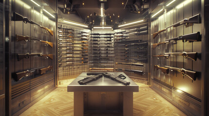 An elaborately lit armory showcases a vast collection of rifles, with a focus on two guns prominently displayed on a central table.