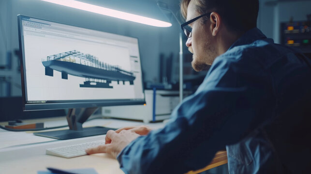 An architect working intently on a sleek ship design on a computer, highlighting innovative construction and futuristic maritime concepts.