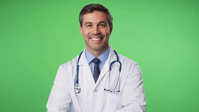 A male doctor filming a video on a green background