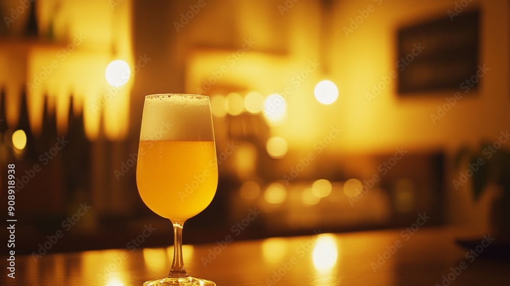 Poster a glass of frothy golden beer, illuminated by warm, soft light, creating a cozy and inviting vibe.