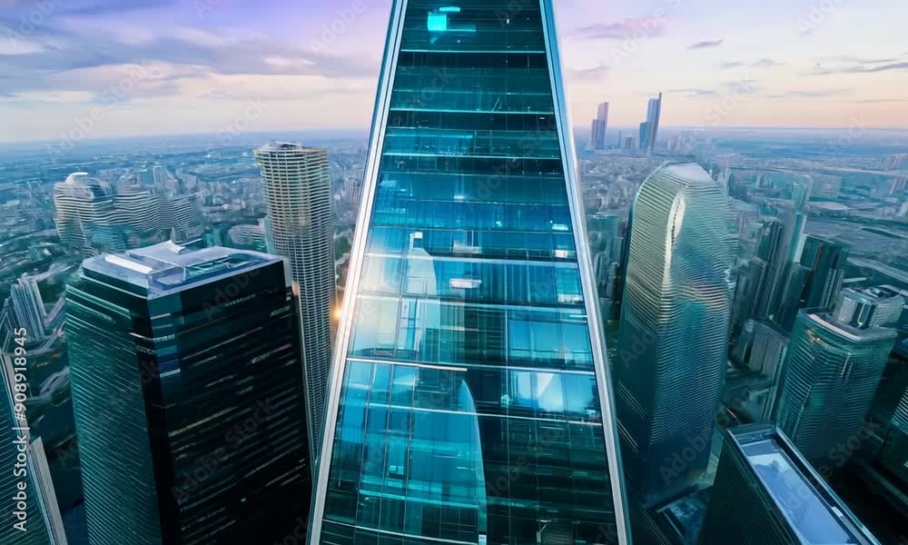 Wall mural aerial view of skyscrapers at sunset